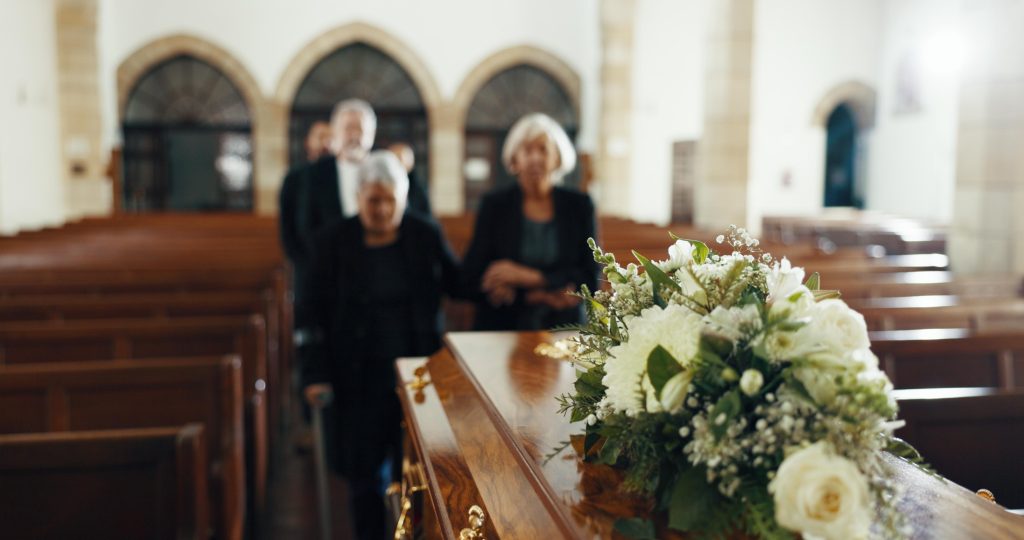 funeral church and people with coffin for goodbye 2024 02 13 20 13 36 utc